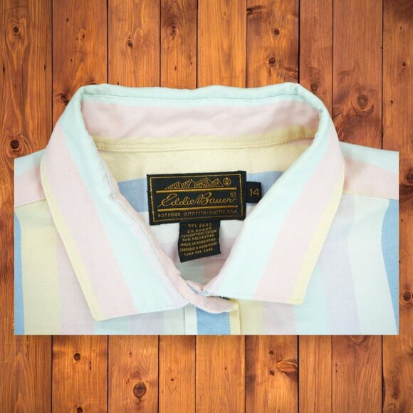 Vtg 90s Eddie Bauer Vertical Stripe Long Sleeve Button Up Shirt Size 14 - Picture 4 of 6